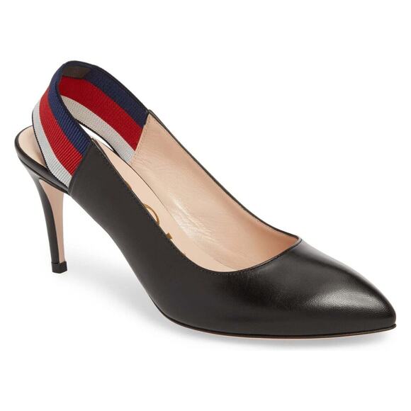 Gucci Sylvie 75 Black Leather Red Slingback Strap Sandal Mule Heel Pump 36.5 - Picture 2 of 12